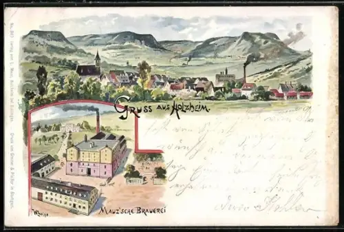 AK Holzheim / Göppingen, Mauz`sche Brauerei, Blick zum Ort