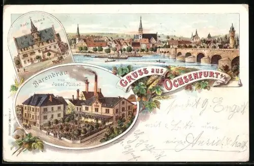 Lithographie Ochsenfurt a. M., Bärenbräu von Josef Michel, Rathaus, Ortsansicht