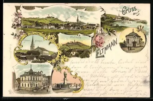 Lithographie Eltmann, Pfarr-Kirche, Rathaus, Wallburg