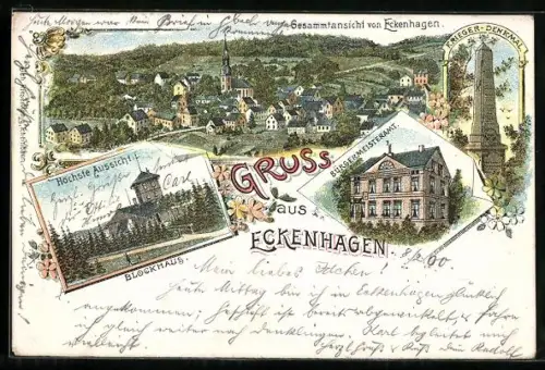 Lithographie Eckenhagen, Blockhaus, Bürgermeisteramt, Krieger-Denkmal