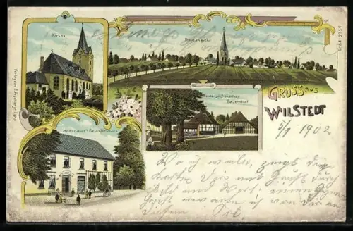 Lithographie Wilstedt / Tarmstedt, Hottendorf`s Geschäftshaus, Niedersächsischer Bauernhof, Kiche und Ortsansicht