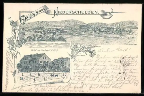 Lithographie Niederschelden, Gasthof zum Storch v. F. W. Utsch, Ortsansicht