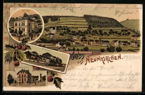 Lithographie Neunkirchen / Arnsberg, Kaiserliche Post, Bahnhof und Apotheke, Ortsansicht aus der Vogelschau