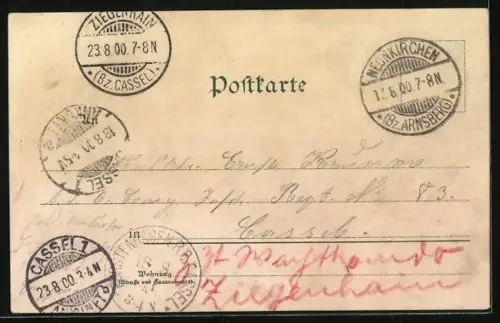 Lithographie Neunkirchen / Arnsberg, Kaiserliche Post, Bahnhof und Apotheke, Ortsansicht aus der Vogelschau