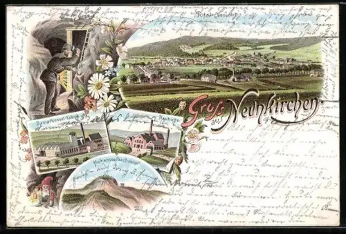 Lithographie Neunkirchen / Siegerland, Dampfkessel-Fabrik, Neuhütte, Hohenseelbachskopf, Bergmann unter Tage