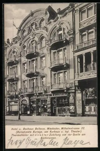 AK Wiesbaden, Hotel und Badhaus Bellevue, Wilhelmstrasse 32