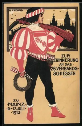 Künstler-AK sign. A. Freund: Mainz, 26. Verbandsschiessen 1913, Schütze mit Armbrust