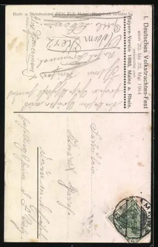 Künstler-AK Mainz a. Rhein, I. Deutsches Volkstrachten-Fest 1914, Bayern-Verein 1885, Mann mit Weinglas