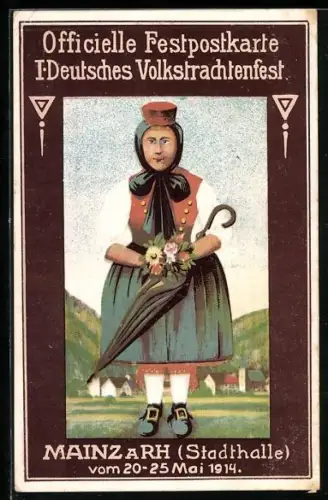 Künstler-AK Mainz a. Rh., Deutsches Volkstrachtenfest 1914, Mädchen in Tracht, Festpostkarte