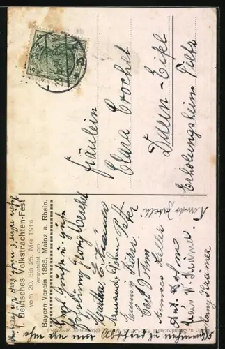 Künstler-AK Mainz a. Rh., Deutsches Volkstrachtenfest 1914, Mädchen in Tracht, Festpostkarte