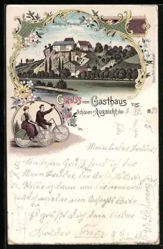 Lithographie Rossleben, Gasthaus zur Schönen Aussicht mit Schloss Wendelstein
