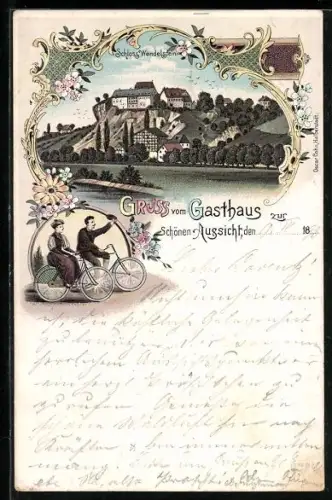 Lithographie Rossleben, Gasthaus zur Schönen Aussicht, Schloss Wendelstein, Paar auf Fahrrädern