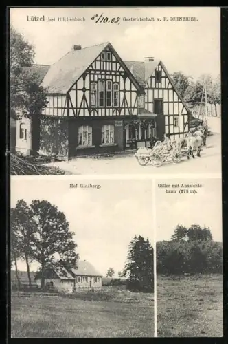 AK Lützel bei Hilchenbach, Gasthaus v. F. Schneider, Hof Ginsberg, Giller mit Aussichtsturm
