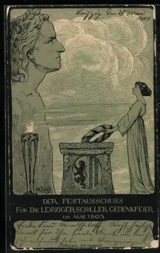 Künstler-AK sign. Héroux: Leipzig, Schiller-Gedenkfeier 1905, Schiller im Profil