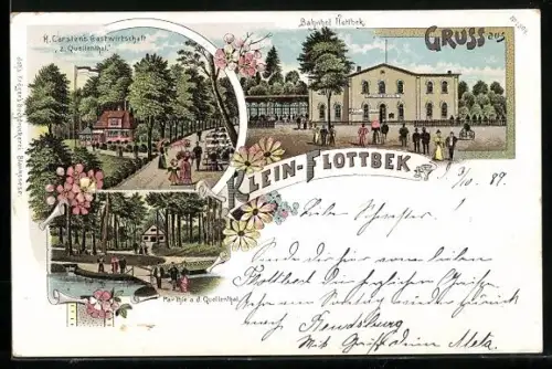 Lithographie Hamburg-Flottbek, H. Carsten`s Gasthaus zum Quellenthal, Bahnhof