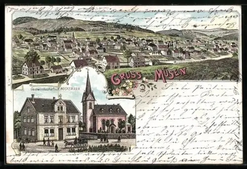 Lithographie Müsen, Panorama, Gastwirtschaft v.H.Nockemann