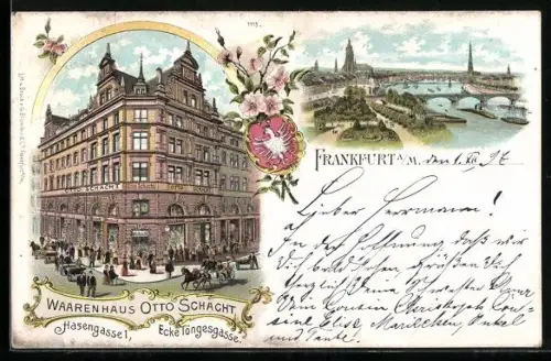 Lithographie Alt-Frankfurt, Waarenhaus Otto Schacht, Hasengasse 1 Ecke Töngesgasse und Gesamtansicht