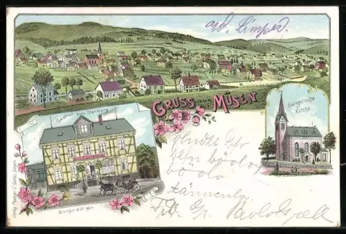 Lithographie Müsen, Gasthof zum Stahlberg und Evangelische Kirche