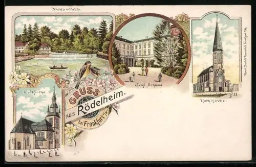 Lithographie Rödelheim /Frankfurt, Gräflisches Schloss, Nidda mit Wehr, Evangelische und Katholische Kirchen