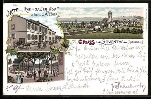 Lithographie Rauenthal /Rheingau, Hotel Rheingauer Hof, Ortspartie, Teilansicht mit Kirche