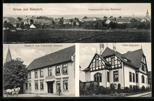 AK Belsdorf / Wefensleben, Gasthof von Friedrich Braune und Villa Grabach, Ortspanorama
