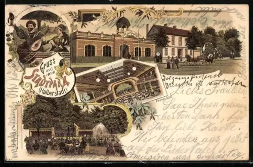 Lithographie Halberstadt, Gasthaus zum Stadt-Park mit Garten und Prunk-Saal