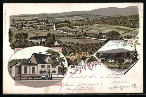 Lithographie Stift-Keppel, Totalansicht, Bahnhof und Villen