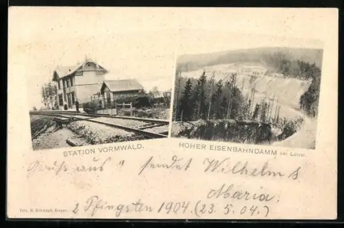 AK Vormwald, Bahnhof des Ortes und Hoher Eisenbahndamm