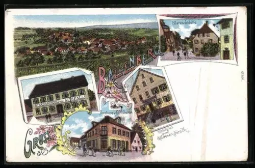 Lithographie Ballenberg / Ravenstein, Bierbrauerei Spall, Gasthaus zum Goldenen Hirsch, Handlung von G. H. Sans