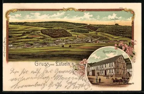 Lithographie Lützeln, Gasthof Kreutz, Ortsansicht