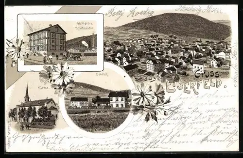 Lithographie Eiserfeld, Gasthaus v. H. Schneider, Bahnhof und Kirche, Gesamtansicht