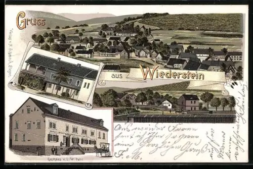 Lithographie Wiederstein, Gasthaus von L. W. Petri, Ortsansicht aus der Vogelschau