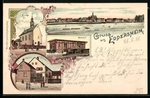 Lithographie Eddersheim, Kirche, Bahnhof, Gesamtansicht