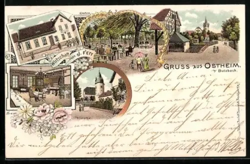 Lithographie Ostheim b. Butzbach, Wirtschaft von J. Fett, Kirche, Garten