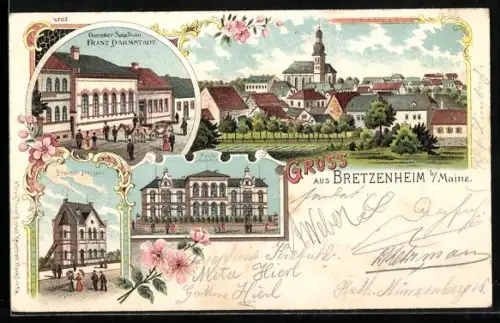 Lithographie Bretzenheim b. Mainz, Gaststätte und Saalbau Franz Darmstadt, Neues Schulhaus, Prot. Betsaal, Ortsansicht