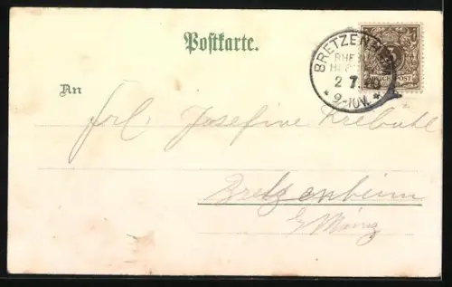 Lithographie Bretzenheim b. Mainz, Gaststätte und Saalbau Franz Darmstadt, Neues Schulhaus, Prot. Betsaal, Ortsansicht