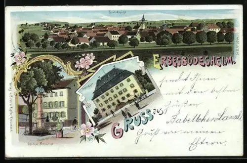 Lithographie Erbesbüdesheim, Schlossgut, Kriegerdenkmal, Totalansicht