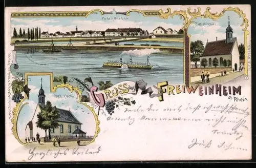 Lithographie Freiweinheim a. Rhein, Kath. u. ev. Kirche, Dampfer auf dem Rhein, Panoramablick auf die Stadt