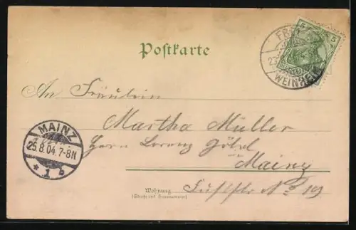 Lithographie Freiweinheim a. Rhein, Kath. u. ev. Kirche, Dampfer auf dem Rhein, Panoramablick auf die Stadt