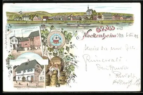 Lithographie Nackenheim a. Rhein, Kriegerdenkmal u. Brunnen, Rathaus, Winzer mit Nackenheimer Rothenberg, Ortsansicht