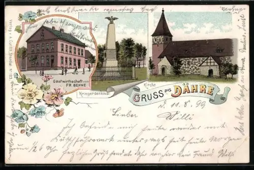 Lithographie Dähre, Gasthaus vin Fr. Behne, Kirche, Kriegerdenkmal