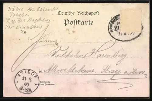 Lithographie Dähre, Gasthaus vin Fr. Behne, Kirche, Kriegerdenkmal