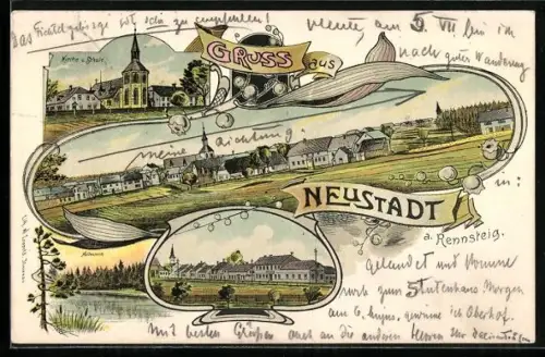 Lithographie Neustadt a. Rennsteig, Kirche, Schule, Ortsansicht