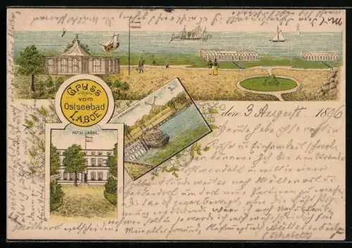 Lithographie Laboe, Hotel Laboe, Landungsbrücke, Partie am Strand