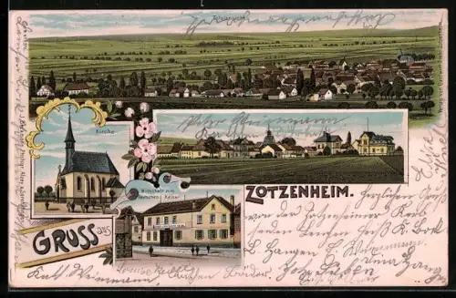 Lithographie Zotzenheim, Totalansicht mit Kirche