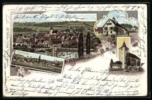 Lithographie Siglingen, Rathaus, Kirche und Kressbach, Gesamtansicht