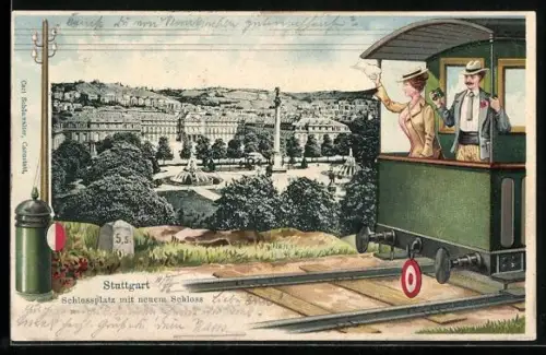 Passepartout-Lithographie Stuttgart, Schlossplatz mit neuem Schloss