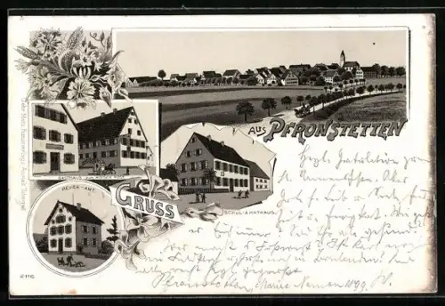 Lithographie Pfronstetten, Gasthaus zum Hirsch Post, Revier-Amt