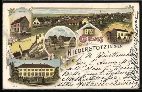 Lithographie Niederstotzingen, Schloss, Marktplatz, Rathaus und Bahnhof, Gesamtansicht