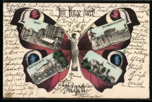 Schmetterling-AK Siegen, Sandstrasse, Oberes und unteres Schloss, Siegbrücke, Fliegende Menschen